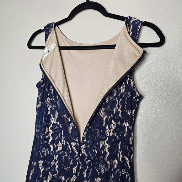 Eliza J 2 Navy Blue Nude Lace Overlay Shift Dress Flounce Hem Cocktail Event - Picture 6 of 6